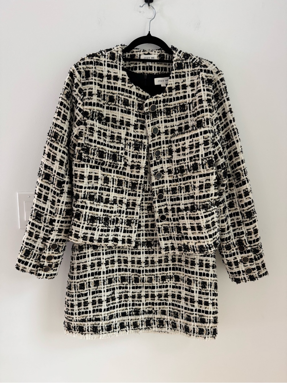 JUST ME‎ Tweed Jacket and Dress Set Black & White & Gold Women’s Sz L NEW